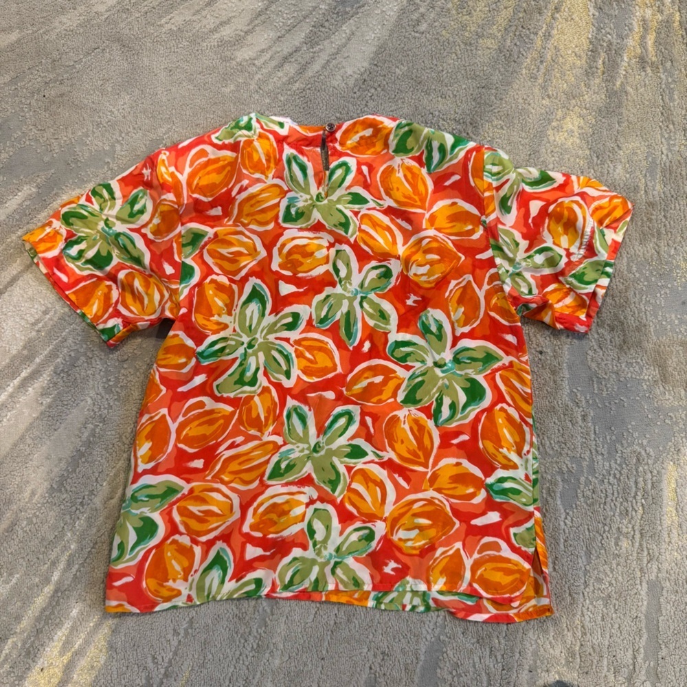 Jack Mulqueen silk floral top orange green short sleeve button front small - Picture 8 of 8